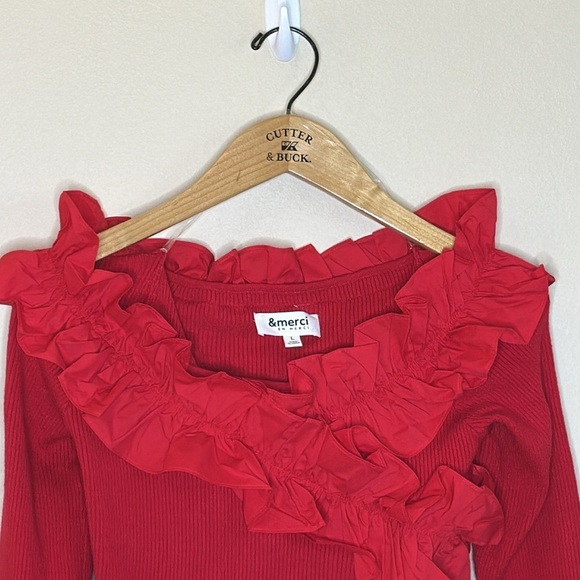 &Merci Ruffled Shoulder Top Size Large Red Off Shoulder Design Wide Neckline - Picture 4 of 7